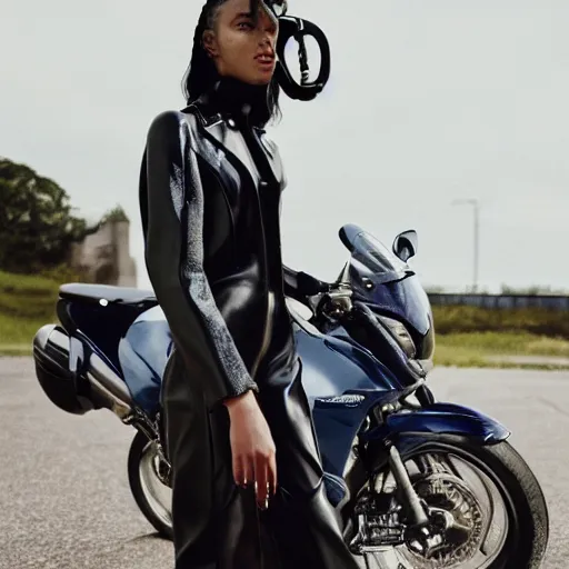 Image similar to realistic photoshooting for a new balenciaga lookbook, color film photography, portrait of a beautiful woman, woman is wearing a motorcycle suit, in style of Tyler Mitchell, 35mm,