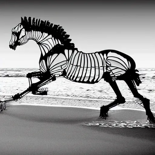 Prompt: skeleton horse running on the beach, edited photo, photoshop