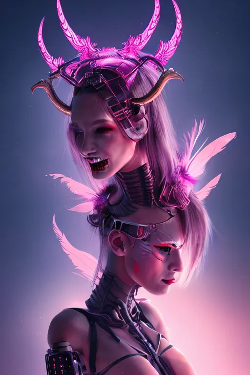 Image similar to portrait futuristic Devil Girl with horns and wings and feathers and armor, stunning smile, in future cyberpunk tokyo rooftop , ssci-fi, fantasy, intricate, very very beautiful, elegant, human anatomy, human structure, neon light, highly detailed, digital painting, artstation, concept art, smooth, sharp focus, illustration, art by tian zi and WLOP and alphonse mucha