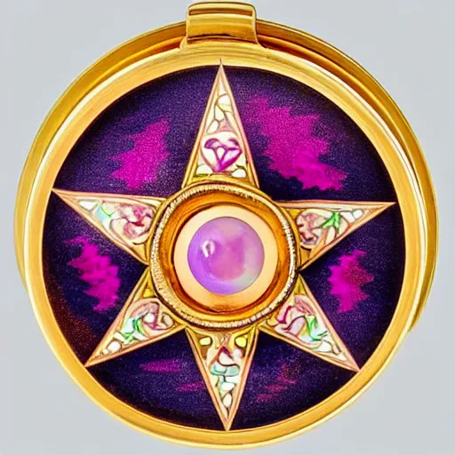 Prompt: a photo of the lid of a circular, pink cloisonné vintage powder compact with an inlaid gold pentagram that has a different colored gem at each point and a large, round cabochon in the middle encircled by a gold crescent moon inlay. House of Fabergé.