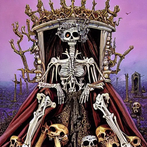 Image similar to beautiful painting of the queen of bones by a cemetary, sitting on a throne, detailed face, with a crown of skulls, skull earings, painting by jean giraud, jeff easley