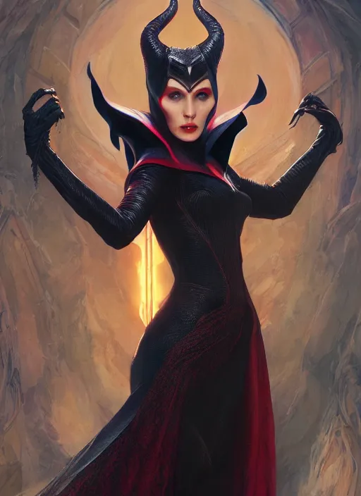 Image similar to scarlet witch as maleficent, naturel, hyper detailed, digital art, trending in artstation, cinematic lighting, studio quality, smooth render, unreal engine 5 rendered, octane rendered, art style by klimt and nixeu and ian sprigger and wlop and krenz cushart