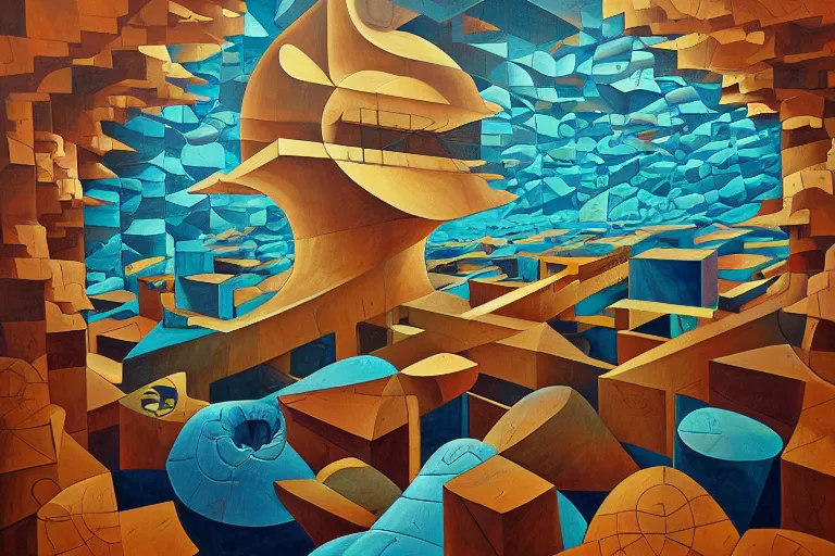 Prompt: silenced from the sea by jeffrey smith, cubism, psychedelic colour, 3 d depth, oil on canvas, trending art station, masterpiece