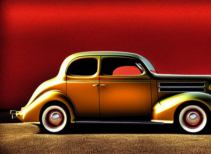 Prompt: beautiful painting, 1 9 3 7 pontiac sedan, two tone, tan with dark brown fenders, california background, sunset, dramatic lighting