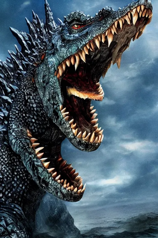 Image similar to Godzilla, kaiju, sea creature, crocodile, sharp teeth, scary look, angry