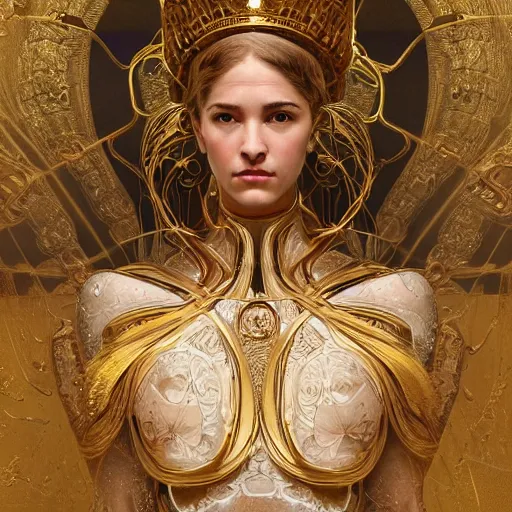 Image similar to portrait of Ex Machina as a greek goddess, marble statue, greek mythology, gold crown and filaments, intricate, headshot, highly detailed, digital painting, artstation, concept art, sharp focus, cinematic lighting, illustration, art by artgerm and greg rutkowski, alphonse mucha, cgsociety