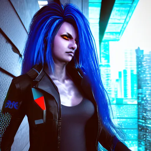 Image similar to a portrait of a cyberpunk woman, blue neon hair, hyperdetailed, rtx, hdr, 3 d render, octabe render, 8 k.