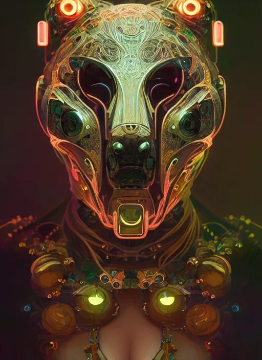 Image similar to organic cyborg, neon bear mask, diffuse lighting, fantasy, intricate, elegant, highly detailed, lifelike, photorealistic, digital painting, artstation, illustration, concept art, smooth, sharp focus, art by John Collier and Albert Aublet and Krenz Cushart and Artem Demura and Alphonse Mucha