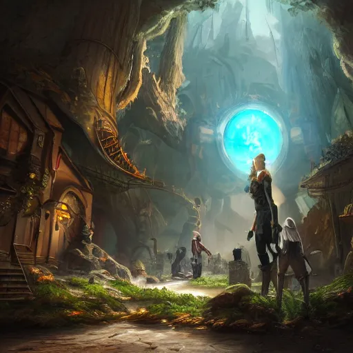 Image similar to an epic scene, characters art, time traveling adventure, highly detailed, concept art, realistic, magical portal, perfect composition, trending on artstation