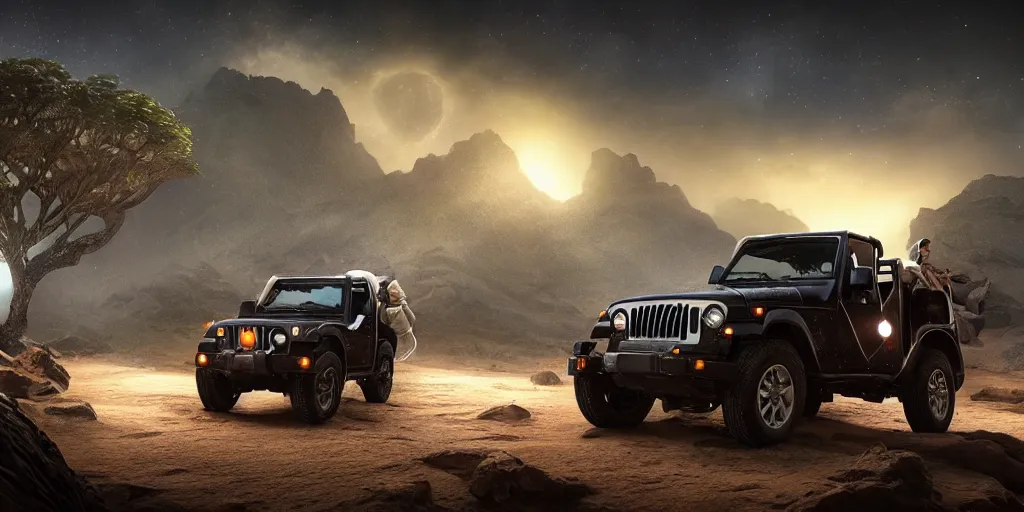 Image similar to mahindra thar riding through moonlit socotra island with dragon trees, starry night, chasing action scene, epic fantasy, sharp focus, trending on ArtStation, masterpiece, by Greg Rutkowski, by Ross Tran, by Fenghua Zhong, octane render, soft render, ultrarealistic, colorful, cinematic, matte painting, shadow of the tomb rider