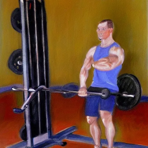 Image similar to chad curling weights training biceps at the gym perfect high resolution painting by monet