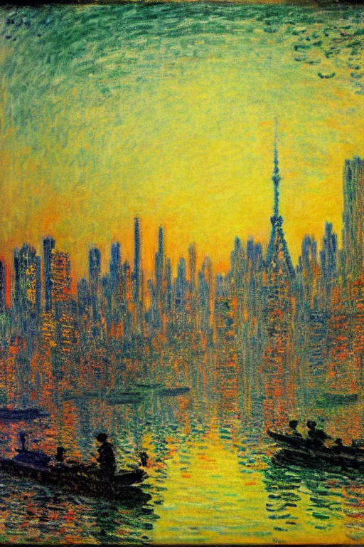 Image similar to tokio, illustration, in the style of claude monet