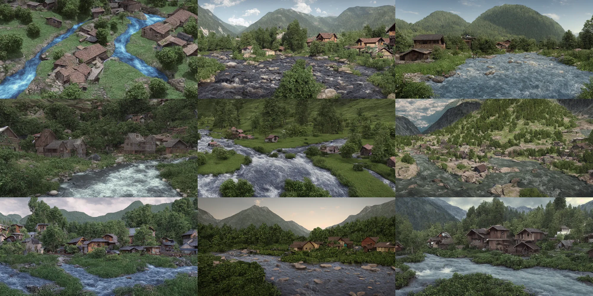 Prompt: village straddling a river, mountain-side, 8K, vray, photorealism, Octane render.