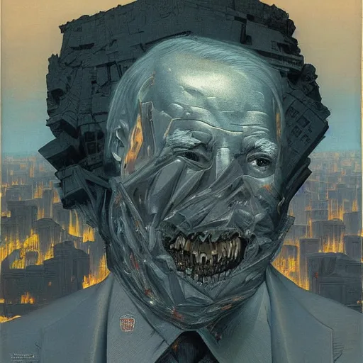 Prompt: portrait of immense, majestic, surreal, terrifying joe!!!! biden!!! crushing the city, perfectly clear face, by j. c. leyendecker, bosch, and beksinski