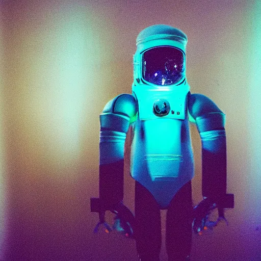 Prompt: 50 mm analog photo of a robot astronaut, vaporwave lights