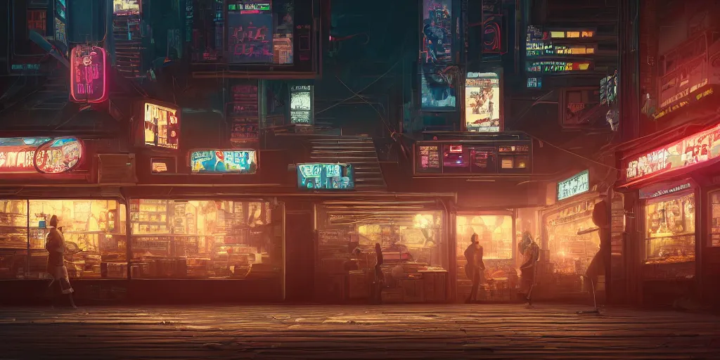 Prompt: a cinematic keyframe of a cyberpunk city shop at night, highly detailed, sharp focus, unreal engine highly rendered,, radiant light, subtle light fog