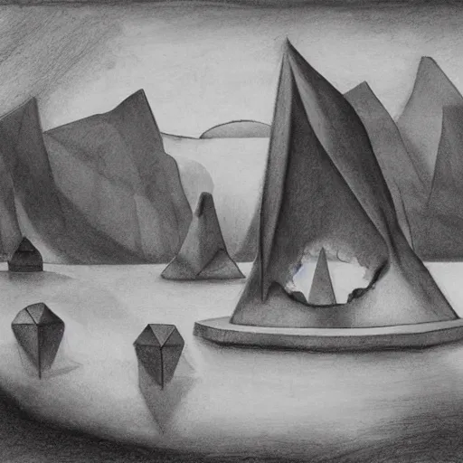 Image similar to boring chilled deadly Antarctica hexagon grouper tin pudding tuba , by Leonardo da Vinci and Arshile Gorky and Chesley Bonestell , charcoal drawing , matte painting , flat shading