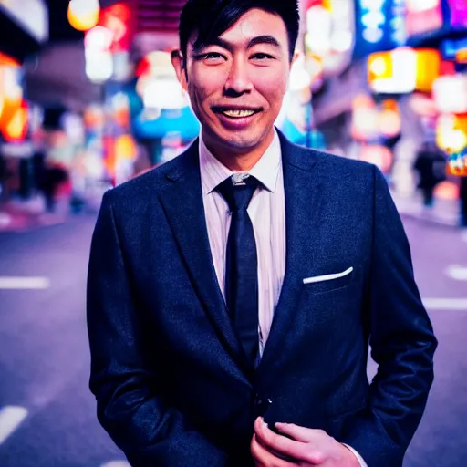 Image similar to night close up portrait of an beautiful adult asian man wearing a suit in the streets of akihabara, depth of field bokeh, award winning photo, color graded, soft focus, high detail, sigma lens 7 0 mm