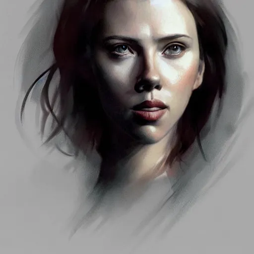 Image similar to “ portrait of scarlett johansson by greg rutkowski, young, attractive, highly detailed portrait, scifi, digital painting, artstation, concept art, smooth, sharp foccus ilustration, artstation hq ”