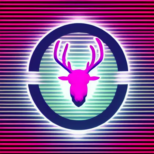 Image similar to logo for corporation that involves deer head, symmetrical, retro pink synthwave style, retro sci fi, neon lighting