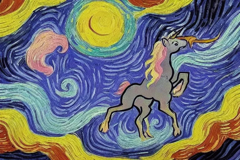 Prompt: rainbow unicorn flying in space by van gogh