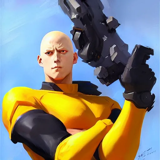 Image similar to Greg Manchess portrait painting of Saitama as Overwatch character, medium shot, asymmetrical, profile picture, Organic Painting, sunny day, Matte Painting, bold shapes, hard edges, street art, trending on artstation, by Huang Guangjian and Gil Elvgren and Sachin Teng