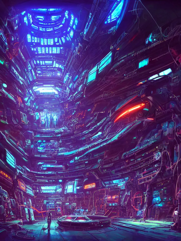 Prompt: the interior of a celestial spaceship cyberpunk hangar in a bioluminescent tree trunk decorated beautifully, lots of cyberpunk design elements like spaceships and mecha robots, warm sunlight shining in, lots of cables and neon signs, concept art 8 k resolution, fantasy illustration, sharp focus, detailed painting, deep color, volumetric lighting, crepuscular rays