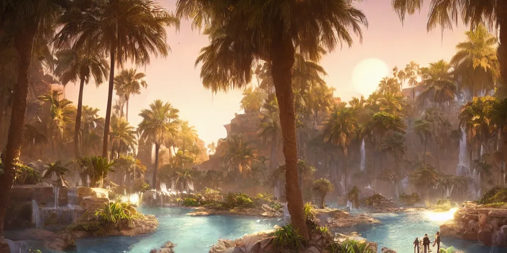 Image similar to beautiful oasis waterfalls surrounded by palm trees moroccan tile archways, date trees, ivory towers sunset peter morbacher ross tran angelarium greg rutkowski alchemy luxury heavenly light soft illumination, trending on artstation cinematic lighting digital painting octane render, artgerm