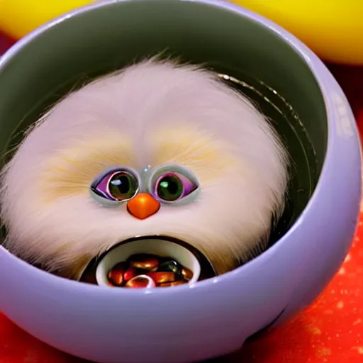 Image similar to Furby submerged in a bowl of alphabet soup