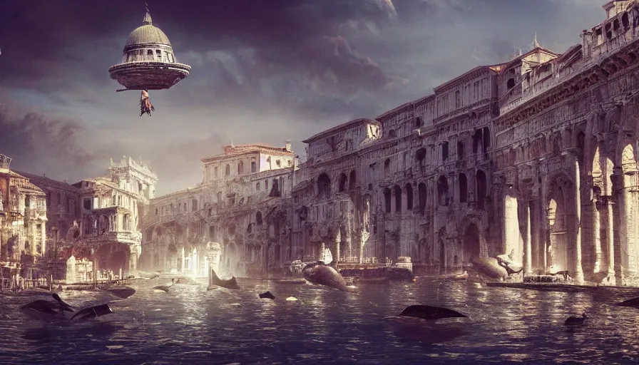 Prompt: an alien ufo high tech spaceship landing on ancient italy venice city landscape with beautiful temples by greg rutkowski, artgerm, ross tran, magali villeneuve, intricate, time travel theme, audince in awe, spectacle, audience sorrounding, award winning, octane render, masterpiece, 8 k