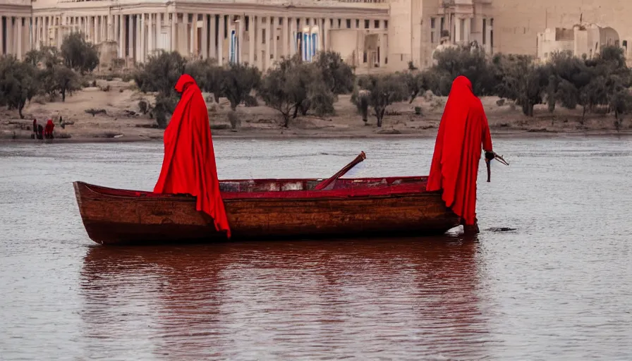 Prompt: a man in red drapery in a blood barque on a river next to a neo - classical city in the desert, leica sl 2 5 0 mm, heavy grain, high quality, high detail, run, mud