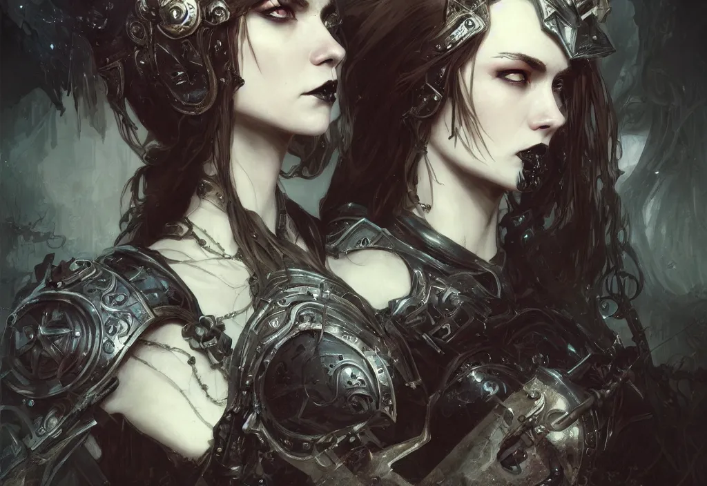 Image similar to beautiful and gothic and evil and dieselpunk young medieval female knight portrait + smoky eyes + front face with light flowing hair, ultradetail face, art and illustration by tian zi and craig mullins and wlop and alphonse mucha, fantasy, intricate complexity, human structure, human anatomy, fantasy character concept, watermark, blurry, hyperrealism 8 k