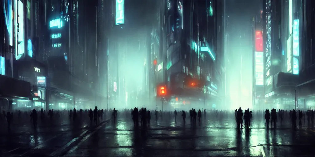 Image similar to beautiful painting by jeremy mann, large crowd in a cyberpunk street, still from tron legacy movie, desaturated, oil painting, perfect composition, detailed octane render trending on artstation, volumetric fog, ominous, unsettling, 8 k artistic photography, volumetric cinematic perfect light