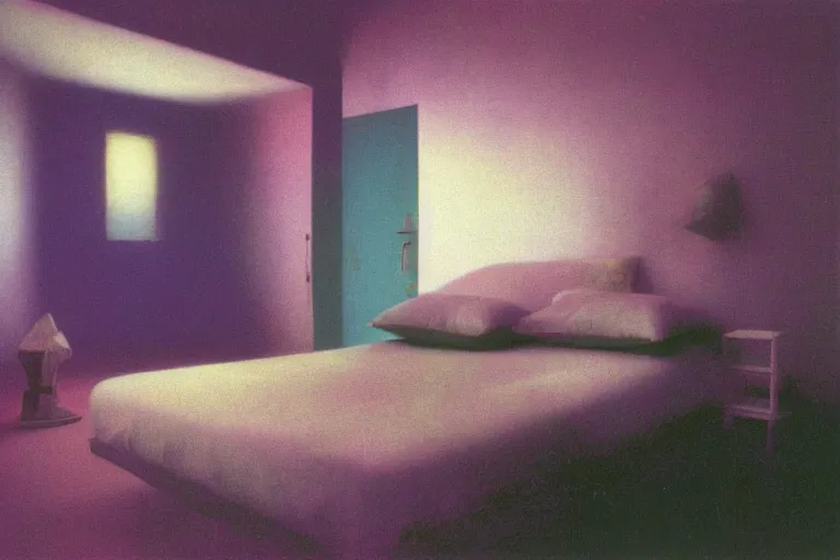 Prompt: IKEA catalogue photo, vaporwave teenage bedroom by Beksiński