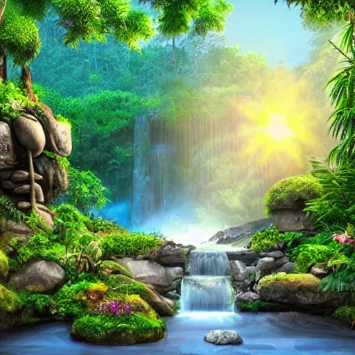 Prompt: beautiful jungle landscape with waterfalls, stones, rocks, plants, flowers, sun rays, warm, sunny, realistic digital art