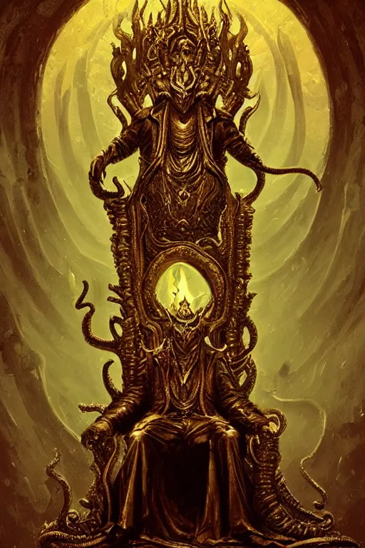 Image similar to lovecraftian gilded king on a throne in the underworld, underworld, hell, monster, devil, demon, digital art, in the style of greg rutkowski, trending on artstation