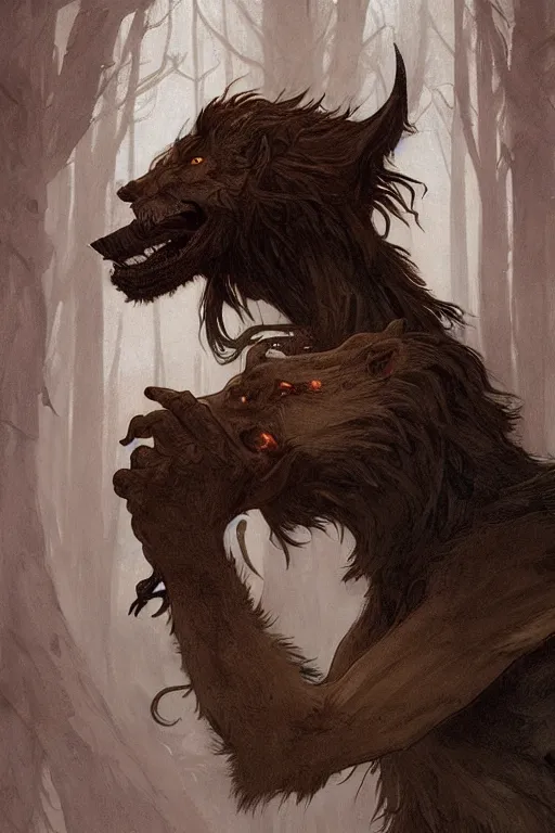 Image similar to a male werewolf devouring a severed human arm, blood, long claws, dark forest at night, by greg rutkowski and alphonse mucha, gradient brown to silver, highly detailed, digital painting, artstation, concept art, smooth, sharp focus illustration