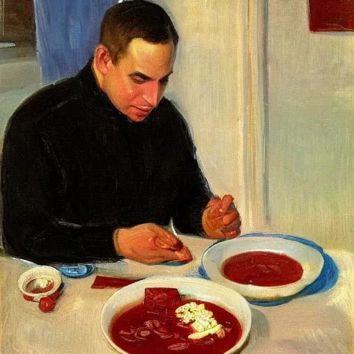 Prompt: benjamin netanyahu eating borscht by ancher, anna n - 5