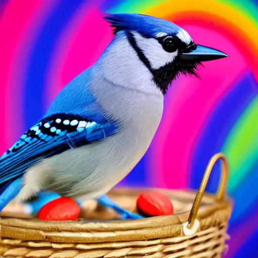 Image similar to A photograph of a (photorealistic blue jay) standing on a large basket of rainbow macarons.