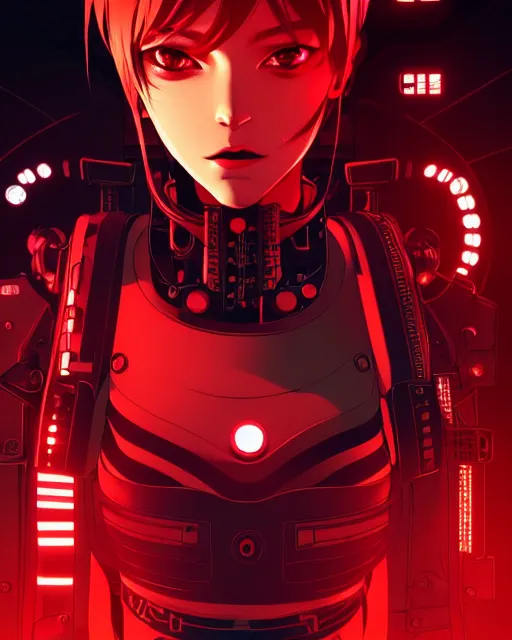 Image similar to a comic potrait of a cyberpunk cyborg girl with black and red parts, fine - face, realistic shaded perfect face, fine details. night setting. very anime style. realistic shaded lighting poster by ilya kuvshinov katsuhiro, unreal engine, global illumination, radiant light, detailed and intricate environment