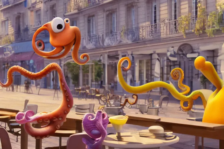 Prompt: Angry little octopus threaten with a fist when crawling out from a cup of coffee in beautiful morning café in Paris. Pixar Disney 4K 3d render funny animation movie Oscar winning trending on ArtStation and Behance. Ratatouille style