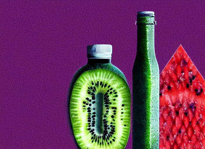 Image similar to ( ( dither ) ), editorial illustration strawberries blueberries sliced kiwi sliced lemon inside a clear drinking bottle, ( ( isometric ) ), modern art deco, ( ( mads berg ) ), karolis strautniekas, stippled light, fog, fine texture, dynamic composition, matte print, ( ( unreal engine ) ), surrealism, colorful