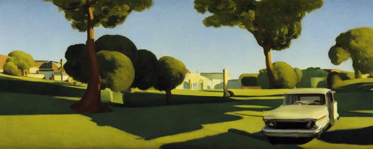 Image similar to car parked in the shade under a tree, edward hopper