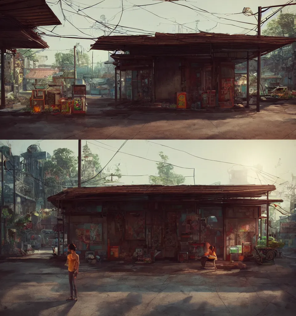 Prompt: a concept art illustration, portrait, an empty asian shack biome in the middle of the street, a store with a mechanical rusty fence, low angle shot, style by dylan cole and feng zhu and wlop, unreal engine, trending in artstation, octane render, ultra sharp, 8 k