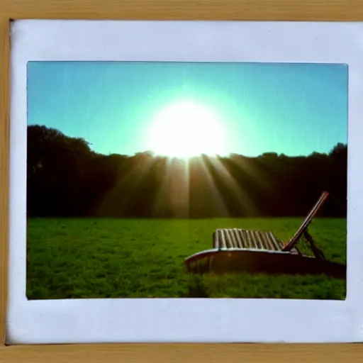 Image similar to a pastel coloured Polaroid photo of a sun lounger made of transparent iridescent perspex stood centrally in a field, beams of light, nostalgic