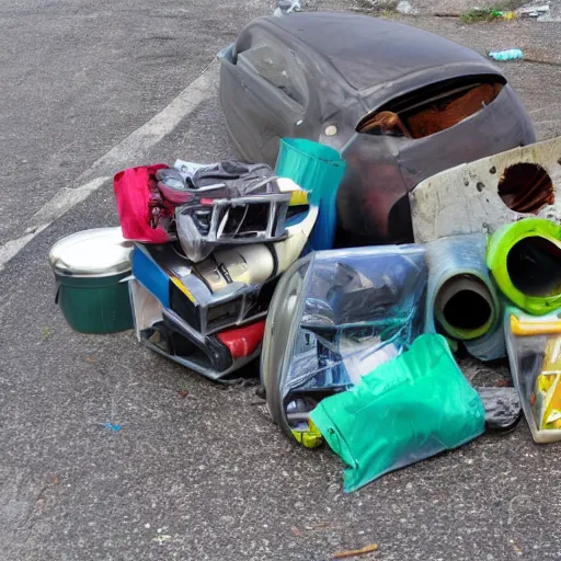 Prompt: various materials car-shaped trash on driveway