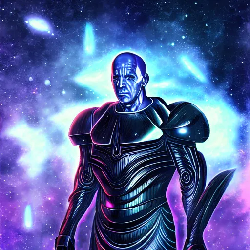 Prompt: an extraterrestrial vin diesel wearing futuristic armor pyramids and galaxies background by ken sugimori and junji ito in the style of dark fantasy, award - winning art, artstationhd