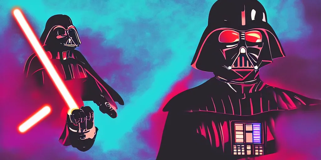 Image similar to darth vader snowboarding, vaporwave, vector graphics, synthwave, neon