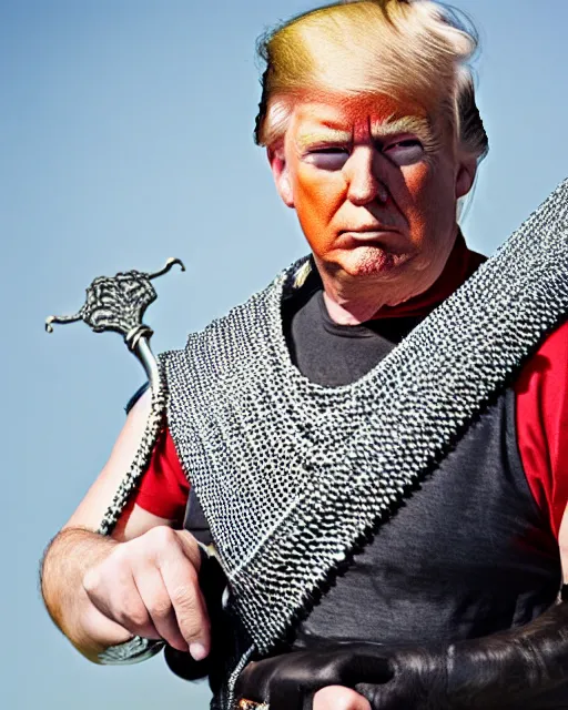 Prompt: a photo of donald trump wearing chainmail. he's holding a longsword. medium shot portrait. dslr photography