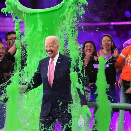 Prompt: picture of Joe Biden getting slimed at the kid choice awards, wide angle